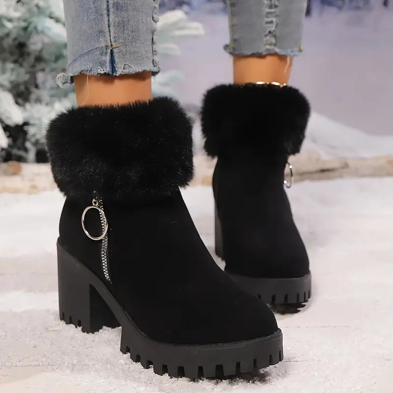 Winterstiefel für Damen mit Kunstfellfutter und klobigem Absatz