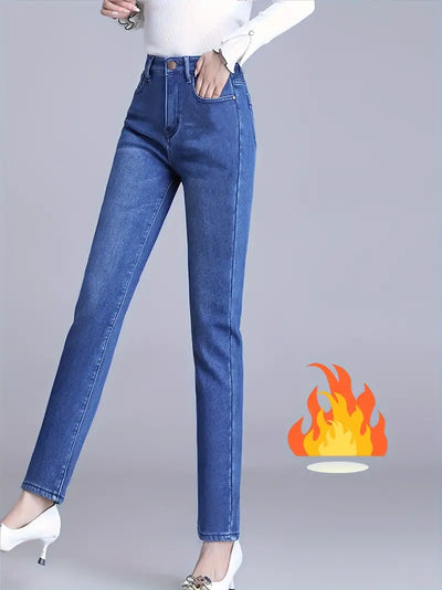 Cozy Fleece-gefütterte Straight-Leg Jeans für Damen - Stretch Denim