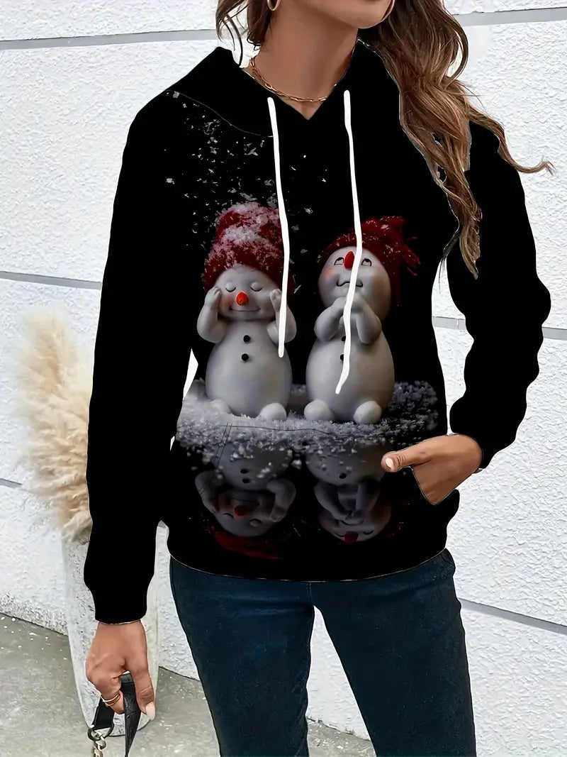 3D Schneemann-Kapuzenpulli, lässiger Polyester-Pullover