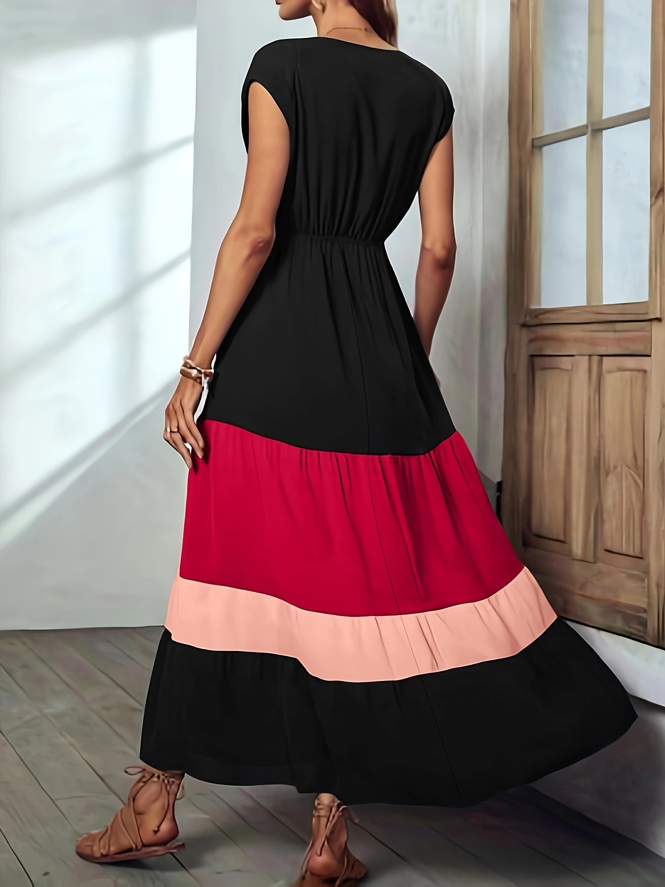 Farbblock Maxikleid Damen – Elegantes Ärmelloses Wickelkleid