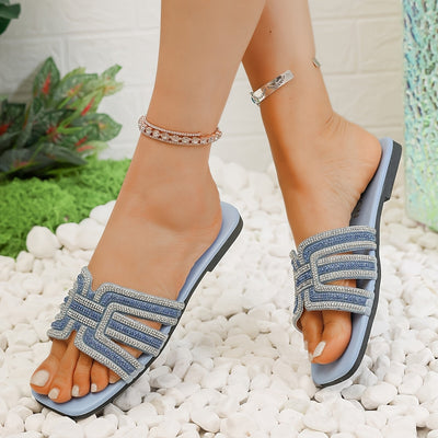 Modischer Strass-Muster Damen Sommer Sandalen – Flach, Strass & Rutschfest