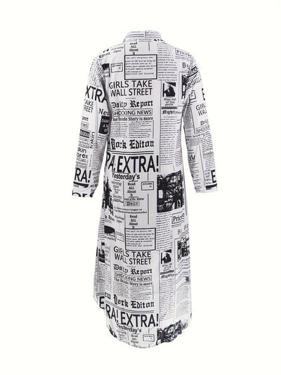 Zeitungsdruck Hemdkleid Lässiges Langarm Kleid mit Knopfleiste