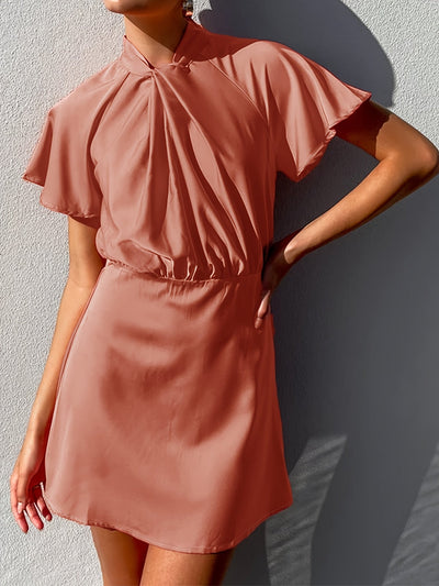 Elegantes Polyester-Satin-Kleid für Damen – Twist-Front, Rüschenärmel & Stehkragen