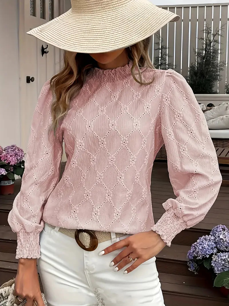 Elegante Shirred Bluse mit Schornsteinkragen &amp; Bündchen