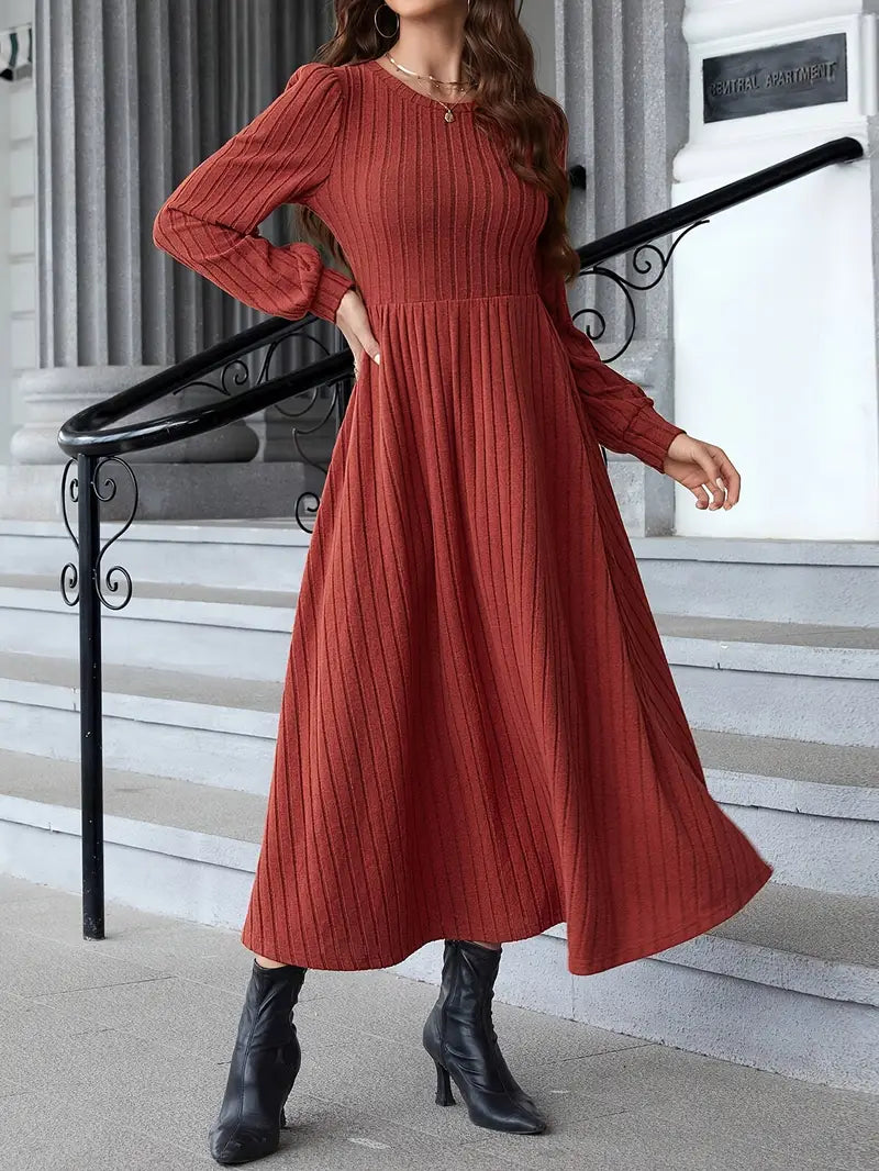 Ribbed Crew Neck A-Linienkleid – Elegantes Langarm Kleid für Herbst Winter