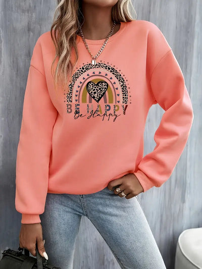 Damen Sweatshirt mit Herzmuster, Rundhals, Rot-Orange, Freizeit