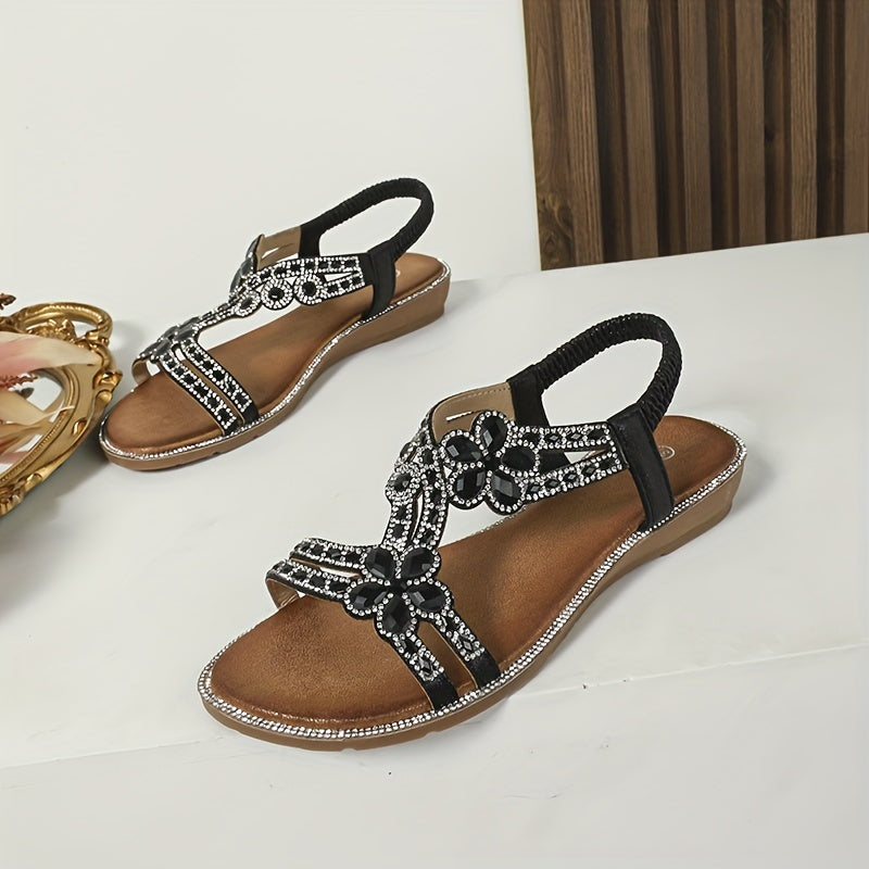 Boho Blumig Strass Sandalen, Offene Zehe Elastischer Riemen