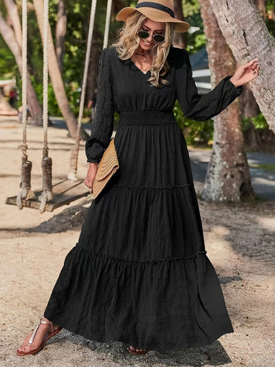 Elegant V-Ausschnitt Maxikleid – Smocked Langarm Kleid für Damen