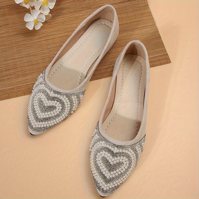 Chic Damen Slip-On Flats mit Herz-Pearl & Strass, Elegante Sommer Flats