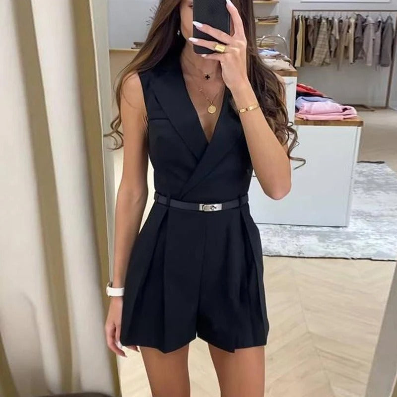 Angeline - Ärmellose Frauen Shorts Playsuit Sommer Plissee Mini Straight Rompers