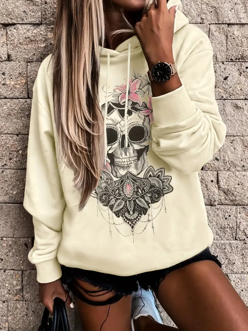 Boho Chic Blumen Totenkopf Hoodie Entspannt Überschnittene Schultern