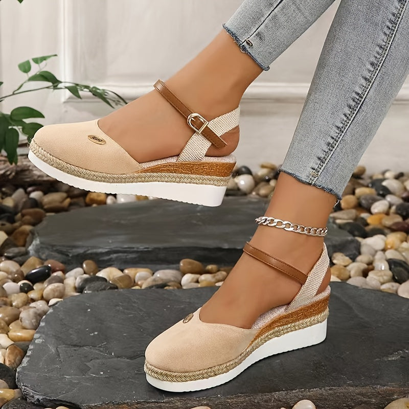 Damen Plattformschuhe Mit Knöchelschnallenriemen – Apricot, Bequem, Keilabsatz & Rutschfest