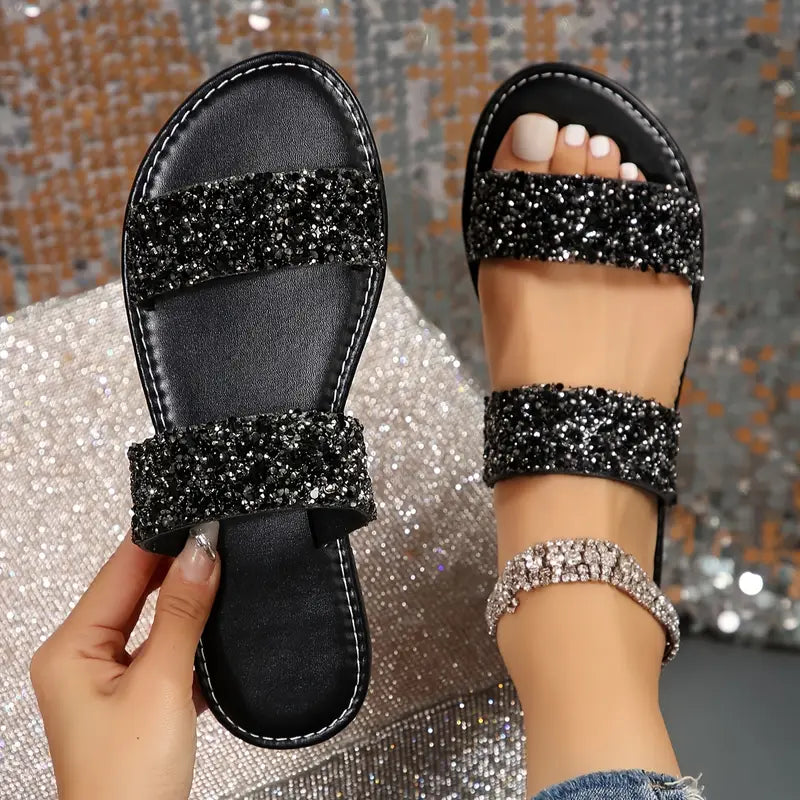 Bequeme Sommer Pantoletten mit Strass Offene Zehen Doppelriemen Leicht & Stylisch