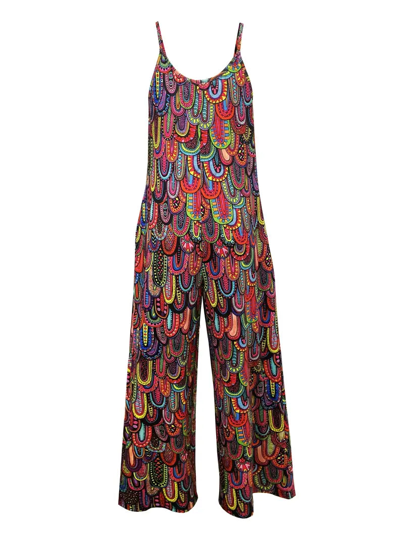 Lind - Boho Chic Overall mit weitem Bein und Grafikdruck – ärmelloser Stil