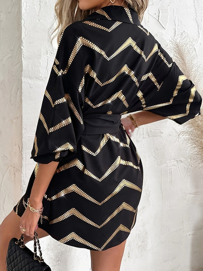 Chevron Print Kleid Damen Knopfleiste, Taillengürtel Mini-Länge Halbarm