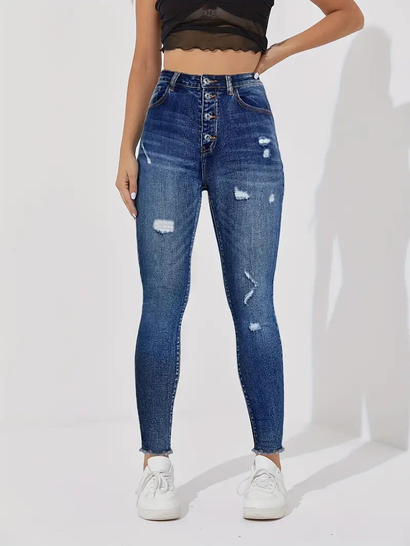 Damen Stretchy Ripped Single-breasted Skinny Jeans