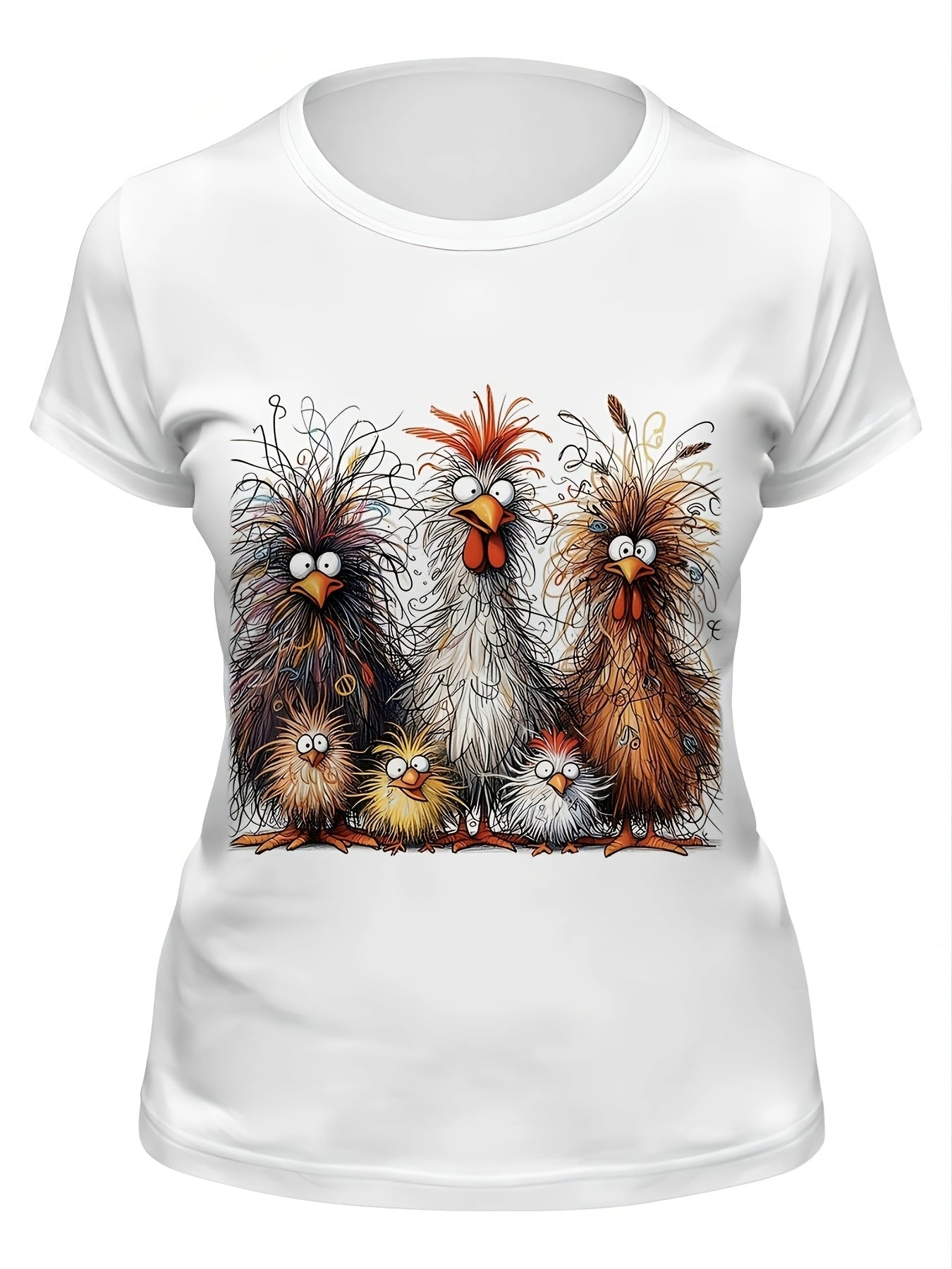 Damen Sommer-T-Shirt – Cartoon-Huhn Druck, Rundhals, Kurzarm, Lässig & Bequem