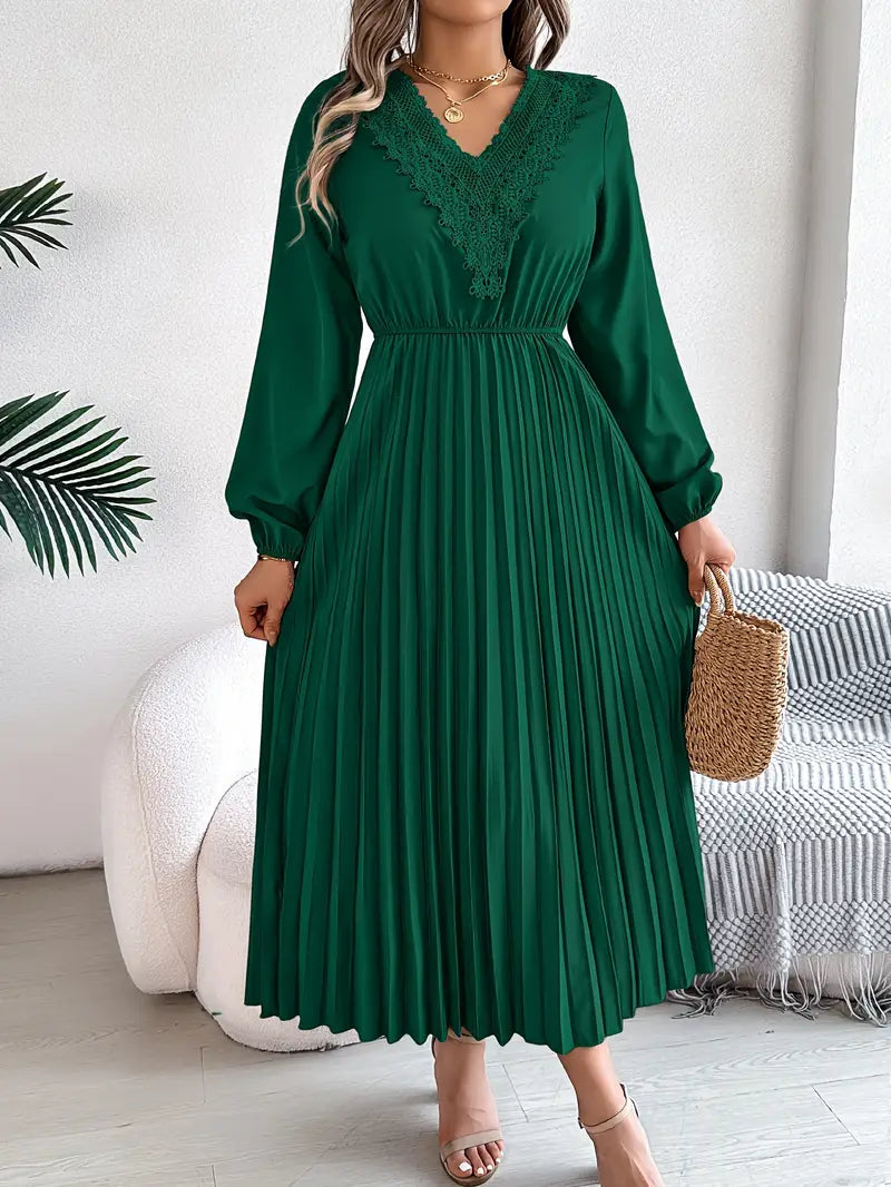 Chic V-Neck Long Sleeve Kleid mit Spitze