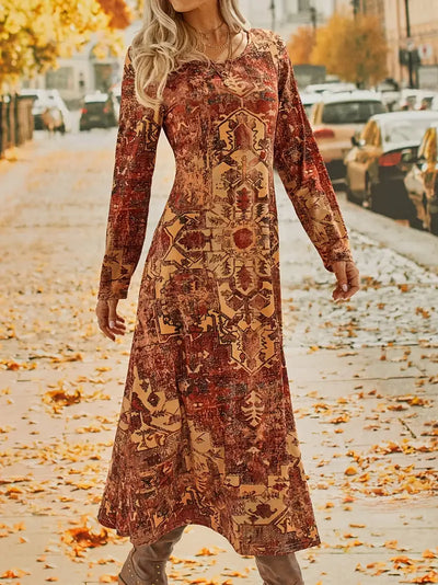 Bohemian Langarm Kleid, Rundhalsausschnitt Maxi Kleid für Herbst & Winter