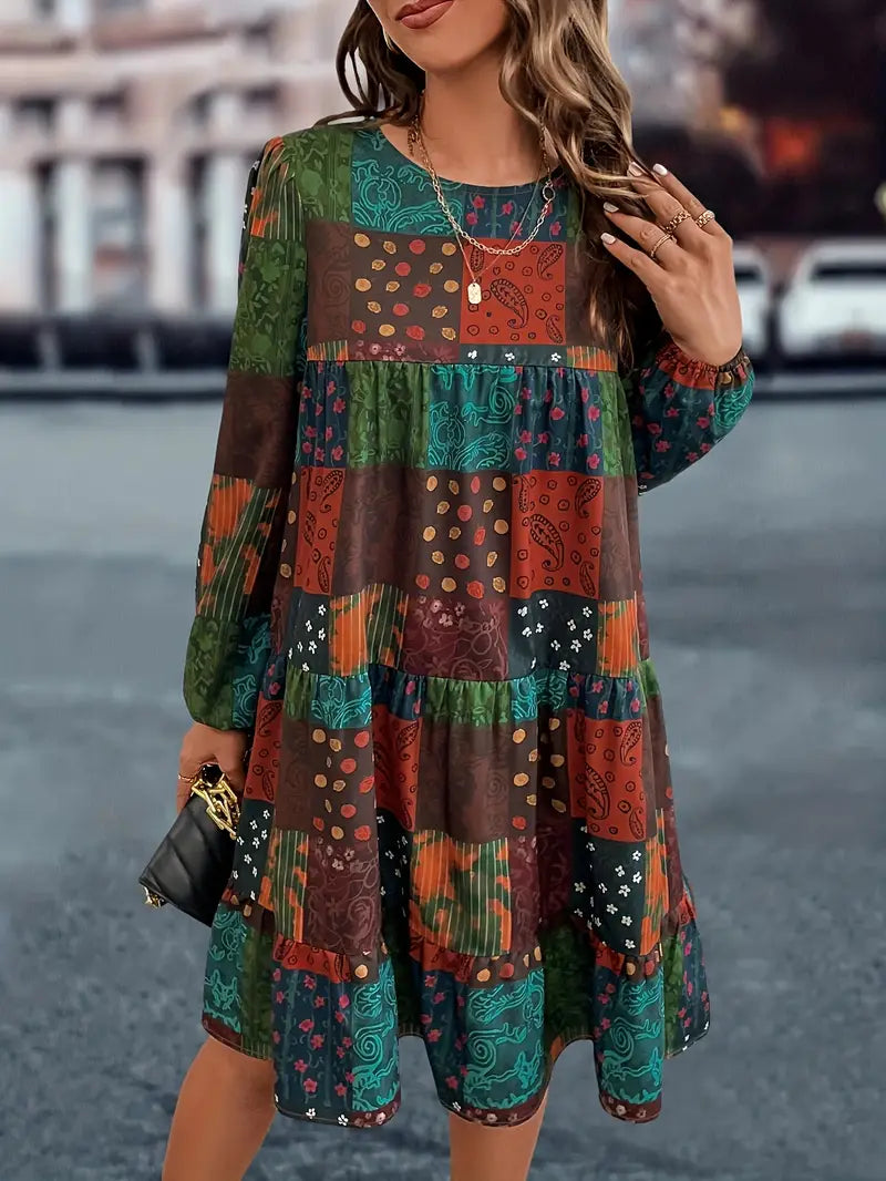 Übergröße Boho Kleid für Damen – Patchwork Print, Rundhals