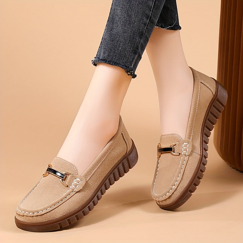 Damen Loafer mit Metallbuckle, Lässige Slip-On Flats in Uni-Farben