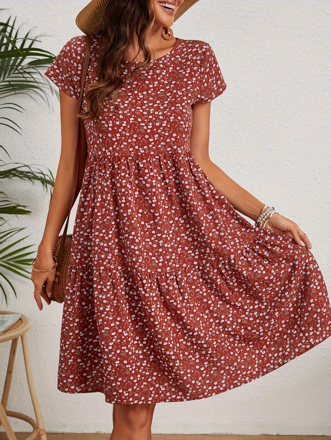 Blumenkleid Damen Weinlese Kurzarm Sommerkleid mit Rundhalsausschnitt