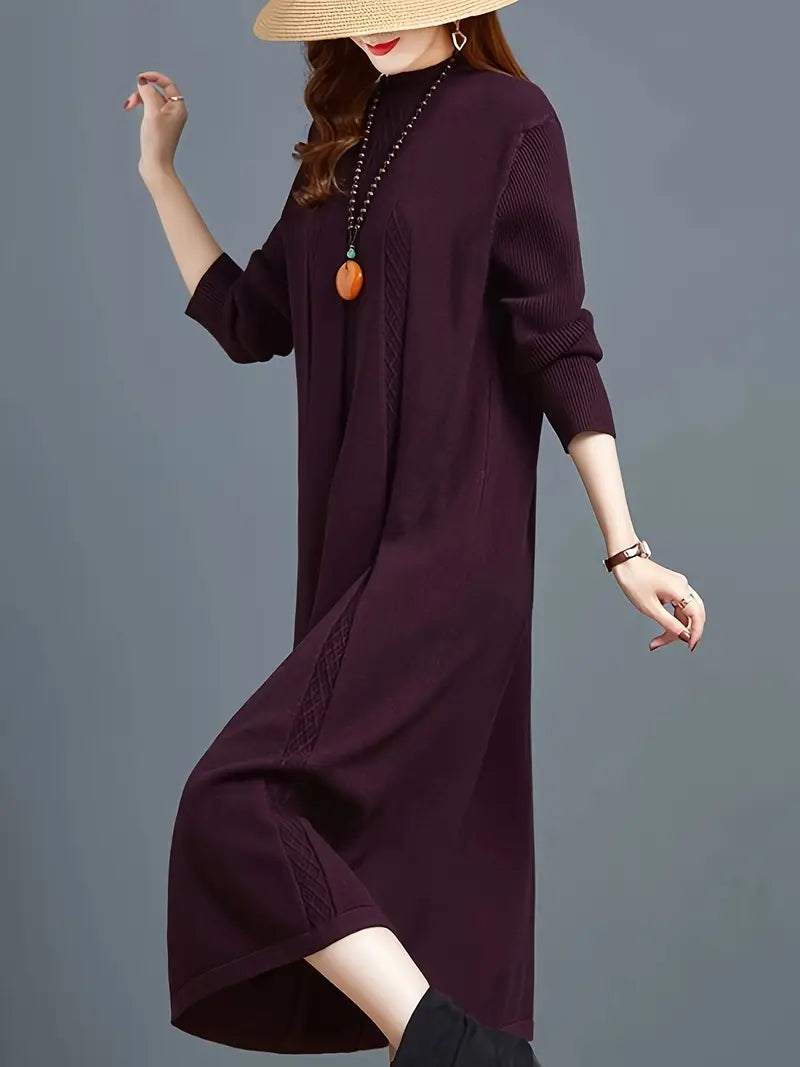 Cozy Strick Midi-Kleid für Frauen – Langarm, Crew Neck, Waschbar