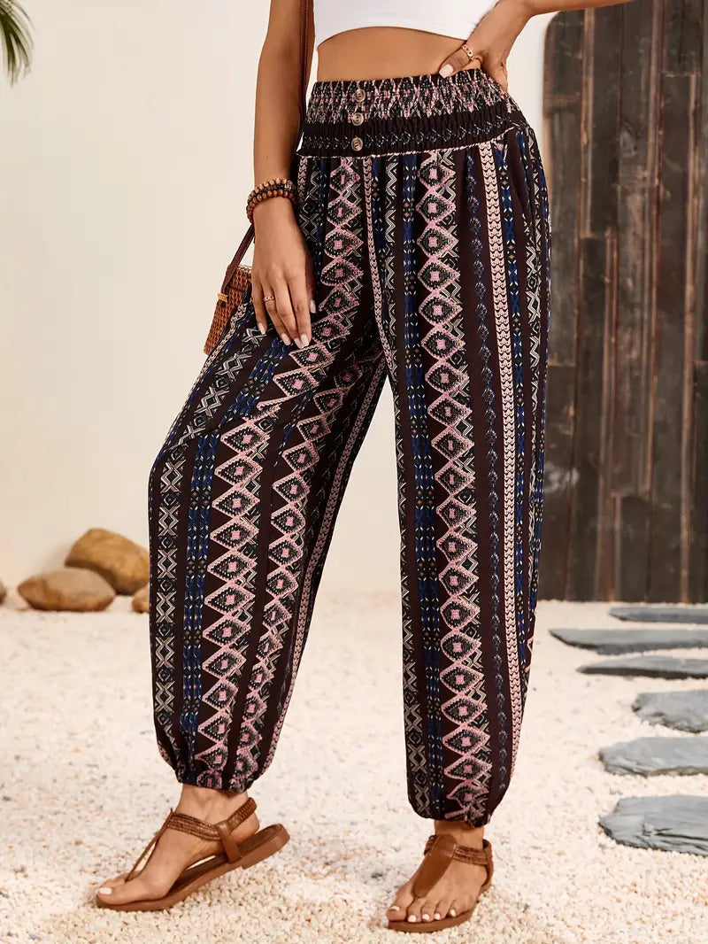 Jeni - Boho-Chic-Hose mit gesmokter Taille und ethnischem Grafikdruck