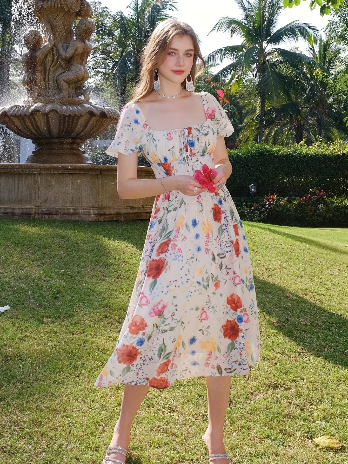 Sommerliches Blumen-Kleid – Luftiges Kurzarm A-Linienkleid aus Polyester, leicht & bequem