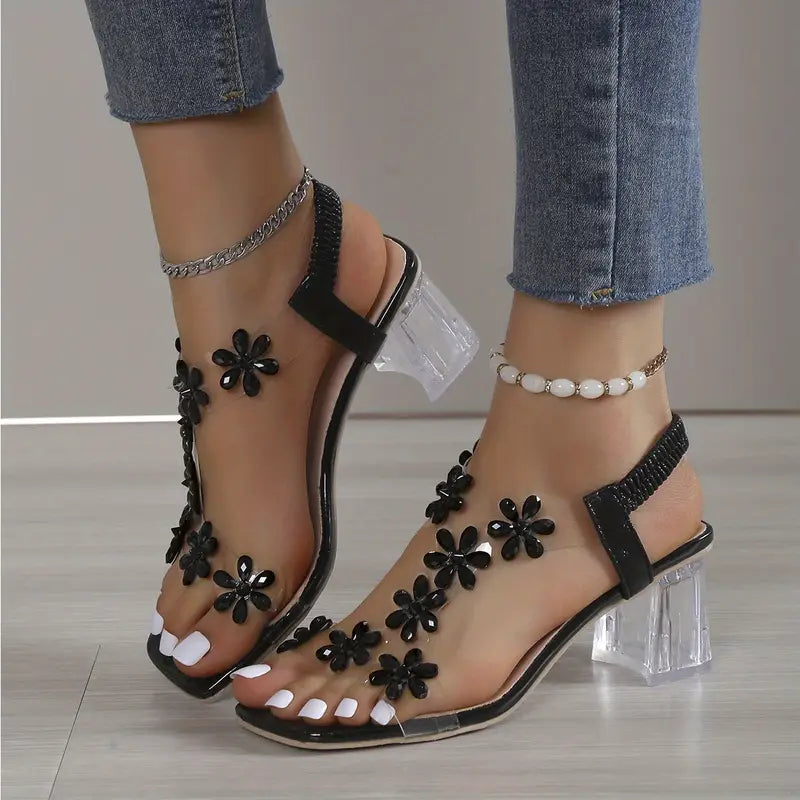 Blumen-Strass Blockabsatz Sandalen Offene Zehen Elastischer Riemen