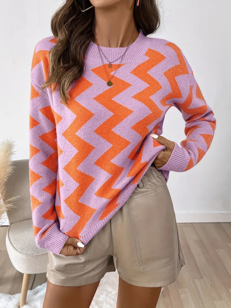 Trendiger Pullover mit Rundhalsausschnitt und Chevron-Muster