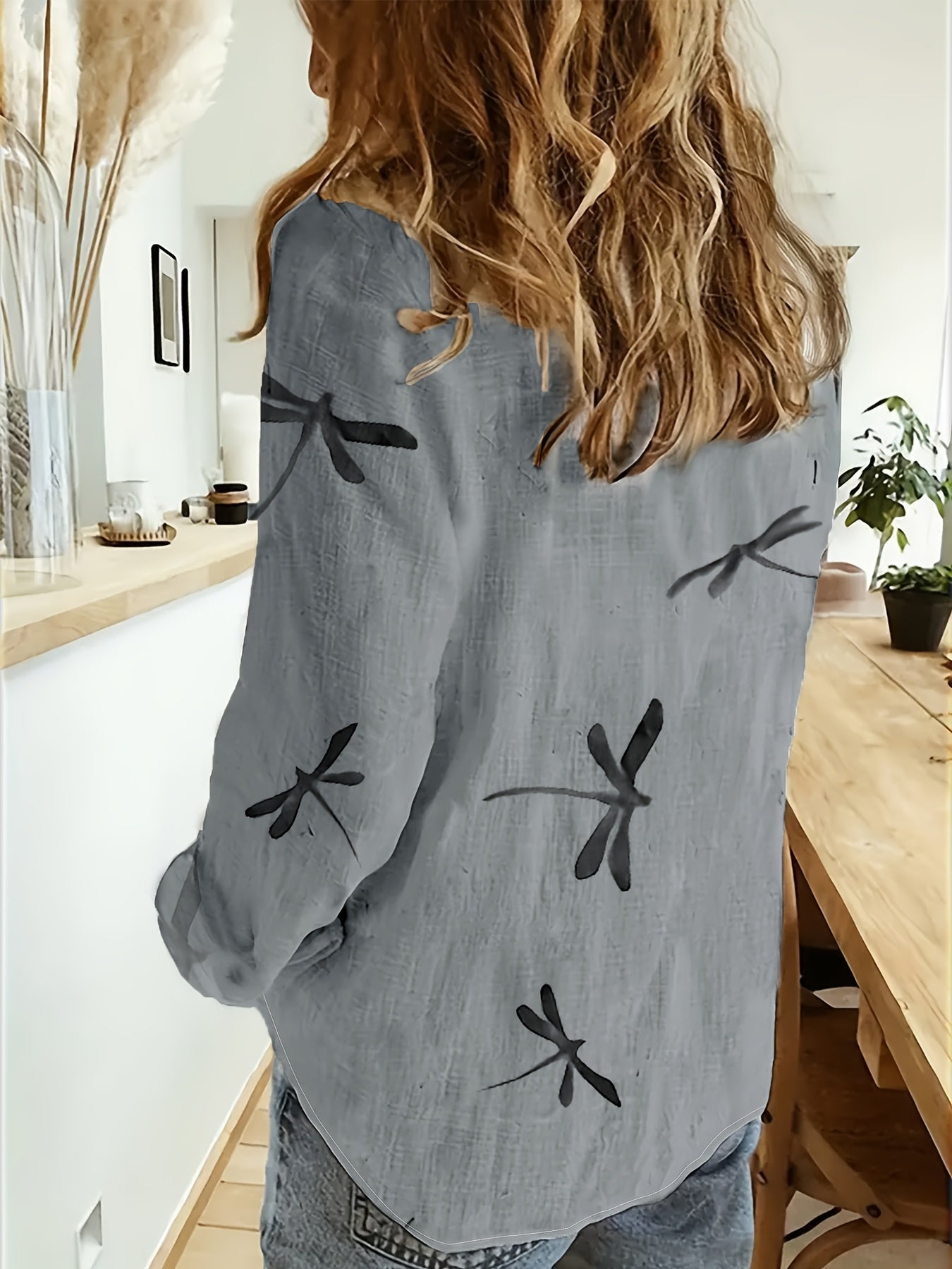 Damen Bluse mit Libellen-Print Luftig Langarm Casual Stil