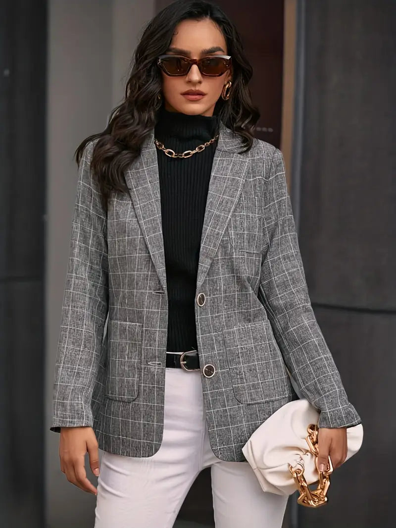 Eleganter Plaid Blazer für Damen, Single Breasted mit Patentaschen