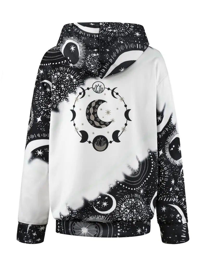 Schicker kosmischer Kapuzenpullover mit Farbblock und Mond