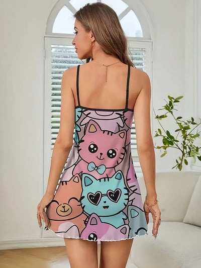 Rückenfreies Sommerkleid – Luftiges Spaghettiträger-Kleid mit Cartoon-Print,