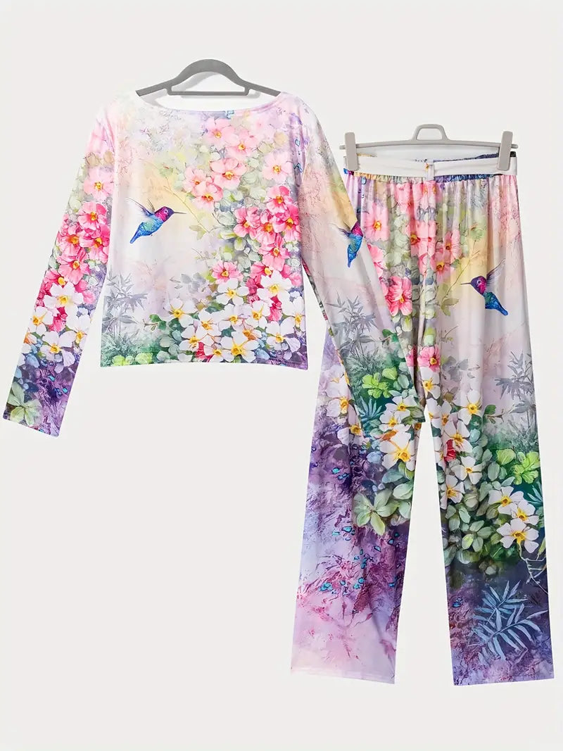 Set mit Blumen- und Vogeldruck, langärmeliges Oberteil und Hose mit Gürtel