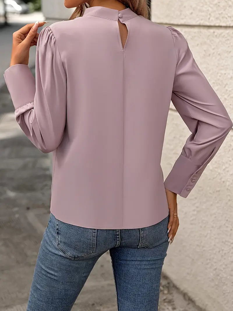 Mock Neck Bluse Damen – Langarm, Eleganter Top-Stitch-Look, Lila