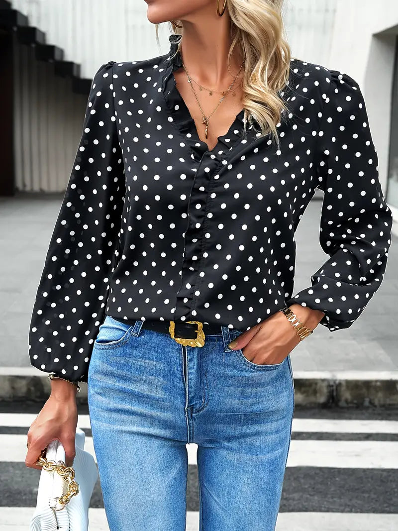 Elegante Bluse mit Rüschenbesatz und Polka-Dot-Print