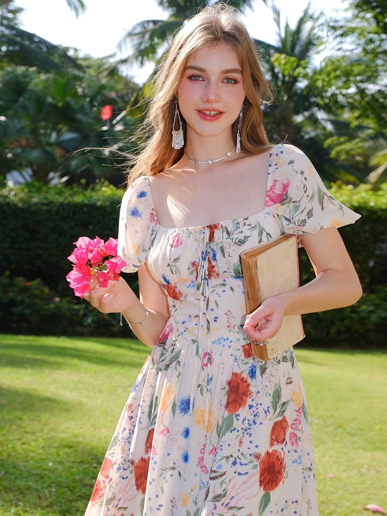 Sommerliches Blumen-Kleid – Luftiges Kurzarm A-Linienkleid aus Polyester, leicht & bequem