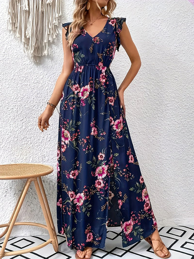 Blumenkleid V-Ausschnitt, Rüschenärmel & Schlitz Elegantes Sommerkleid