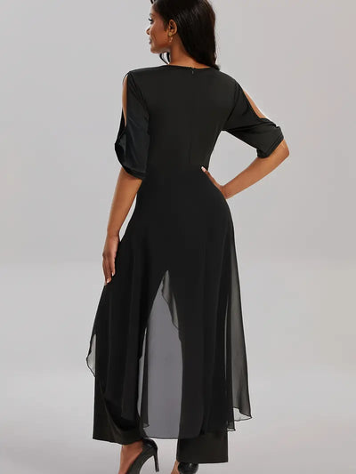 Bella - Eleganter asymmetrischer Saum Solider V-Ausschnitt Ausgeschnittener Jumpsuit