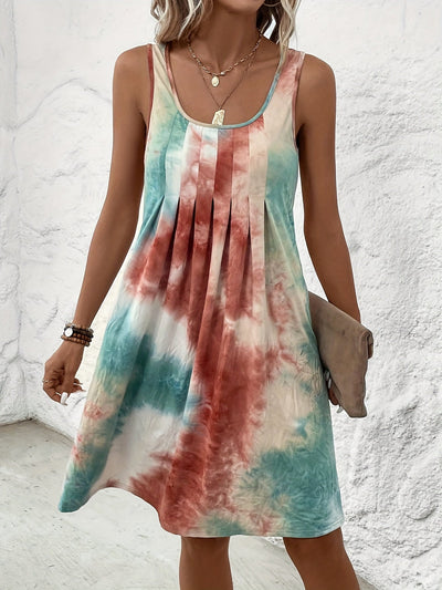 Tie-Dye Sommerkleid Ärmellos, Leicht & Luftig Lässig Maxikleid mit Rundhalsausschnitt