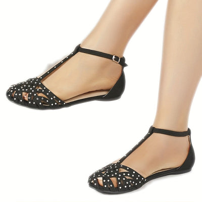 Flache Sandalen mit Strass für Damen, Geschlossener Zeh, T-Strap