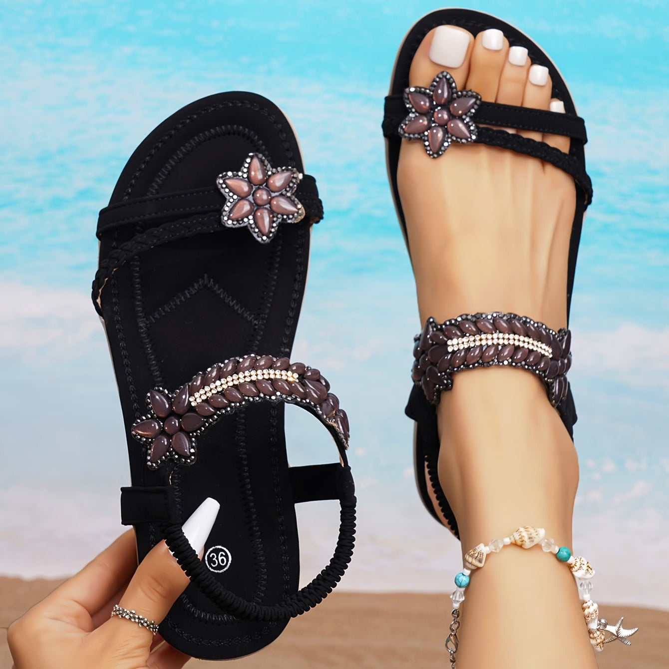 Boho Chic Damen Sandalen mit funkelnden Strasssteinen