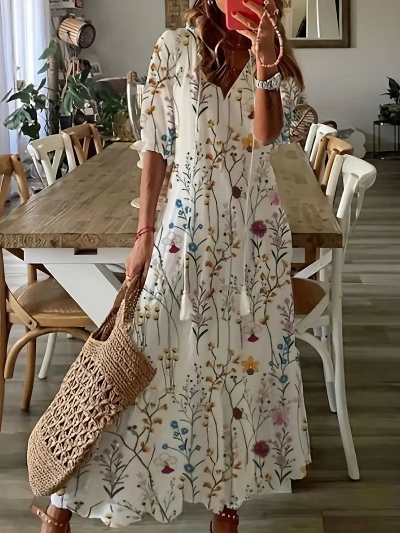 Charm - Ikat Traum Boho Rüschenbesatz V-Ausschnitt Kleid Eleganter Stil