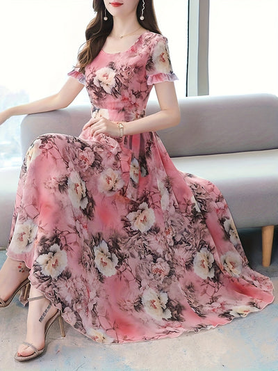 Sommerkleid mit Blumenmuster Elegantes Kurzarmkleid mit Rundhals Luftiges Damenklei