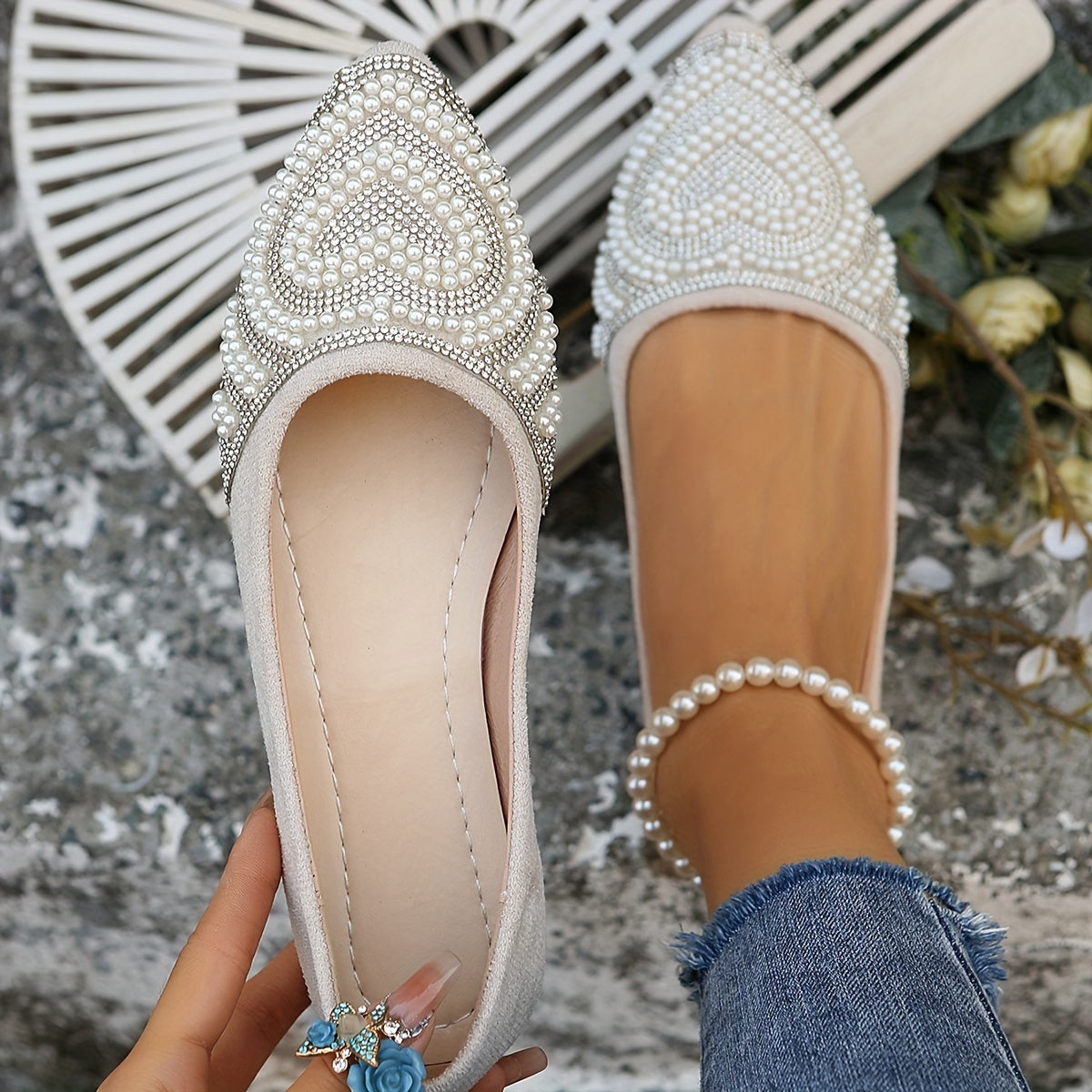 Chic Damen Slip-On Flats mit Herz-Pearl & Strass, Elegante Sommer Flats