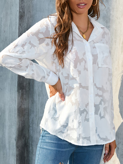 Damen-Jacquard-Bluse – Einreihig, Halbtransparent, Langarm & Elegant