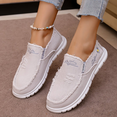 Damen Sommer-Loafers – Jeans-Slipper mit Gänseblümchen-Stickerei