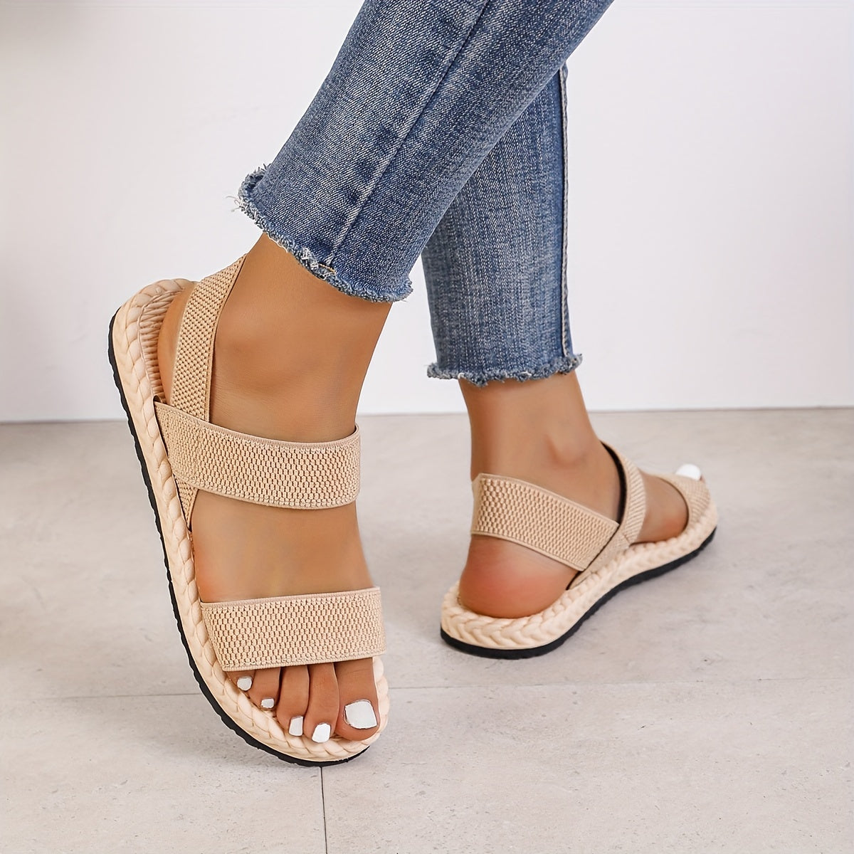 Damen Flache Slip-On Sandalen, Offene Rundzehen Anti-Rutsch